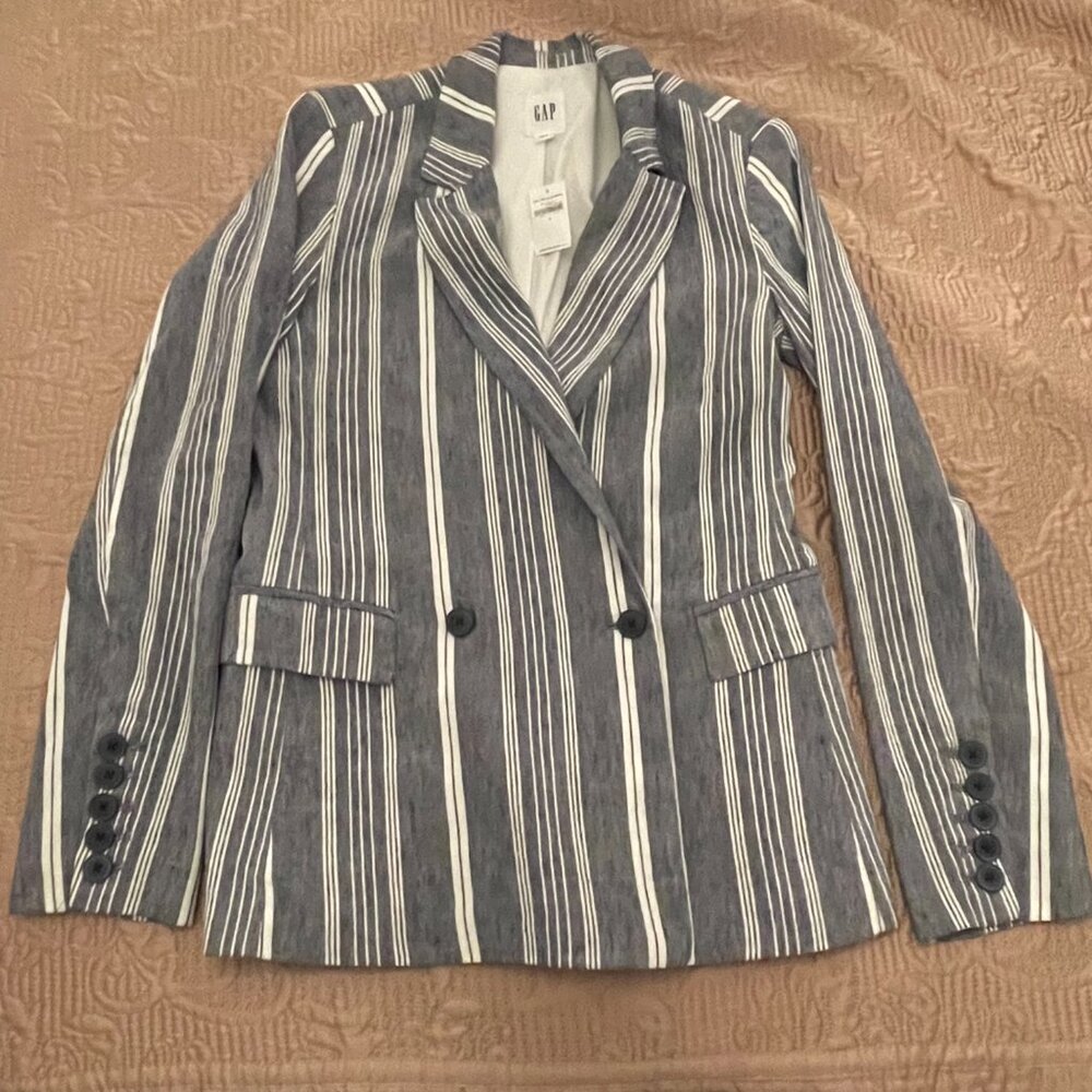 GAP Double Breasted Linen Blend Striped Classic Girlfriend Blazer NWT